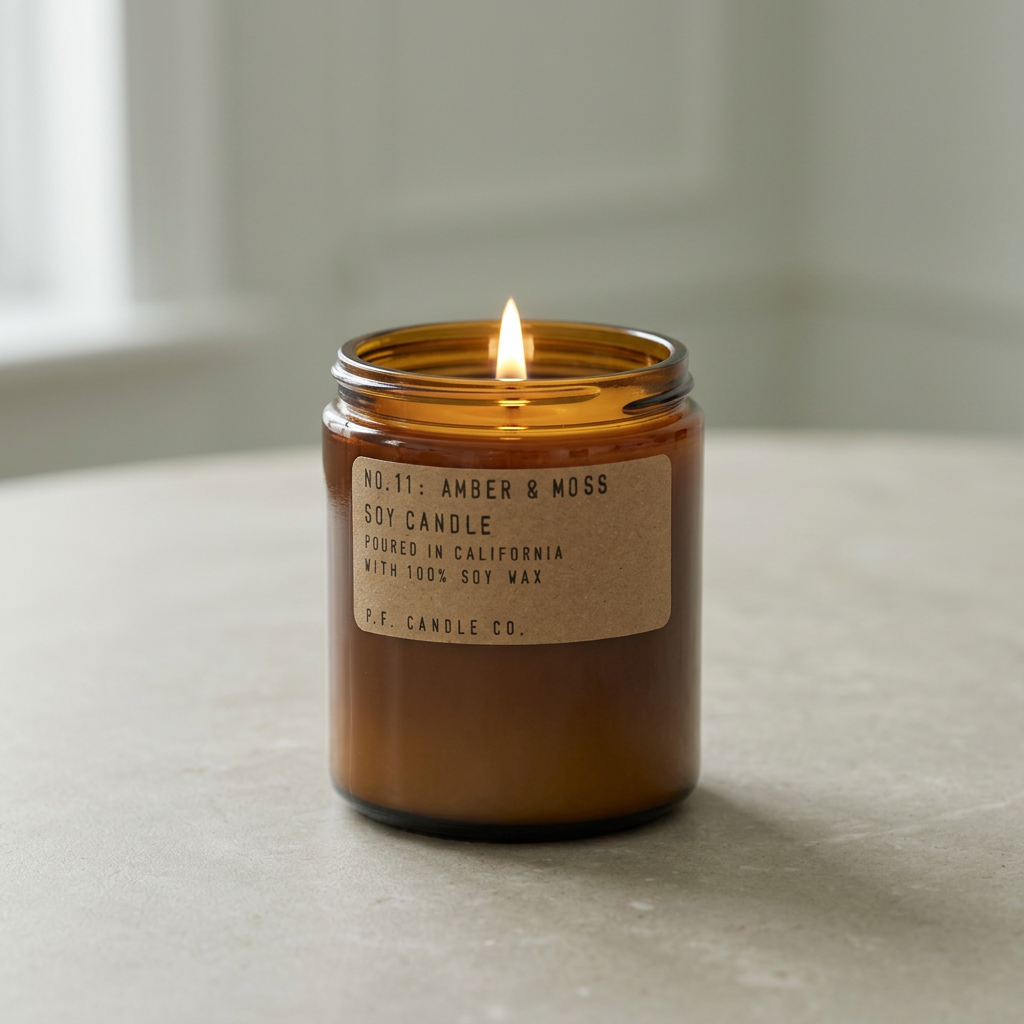 P.F. Candle Co. Amber & Moss soy candle in an amber glass jar
