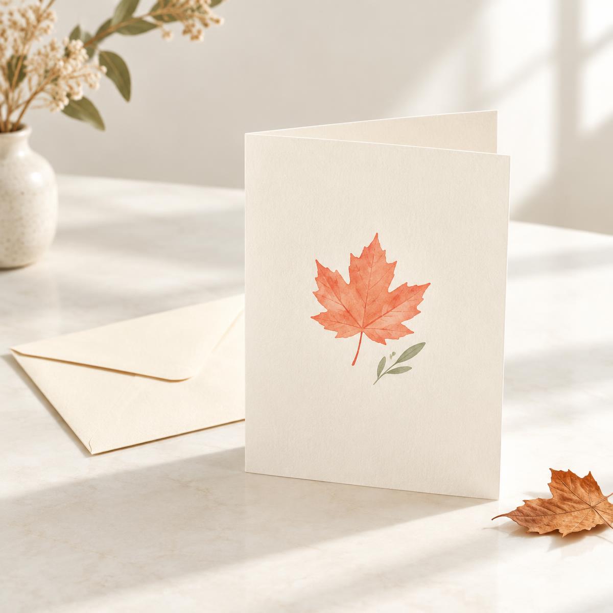 Ivory handwritten card with a coral fall leaf