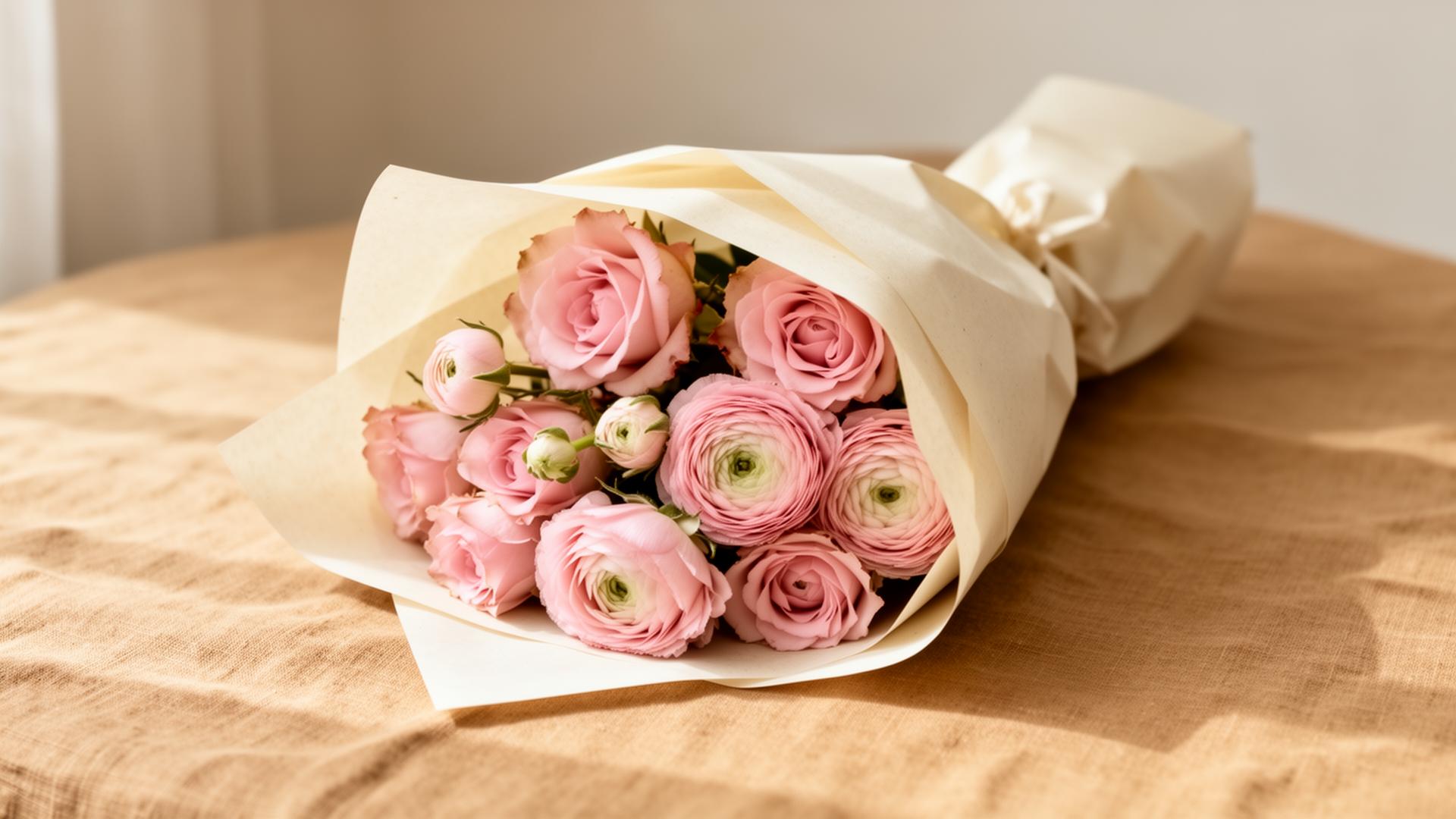 A bouquet of garden roses wrapped in cream paper—an example of a Daymark gift