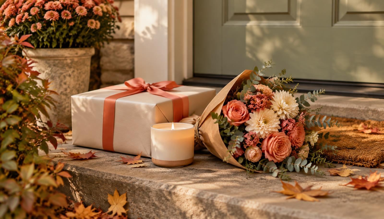Delivered gift box, candle and bouquet on a doorstep with autumn leaves