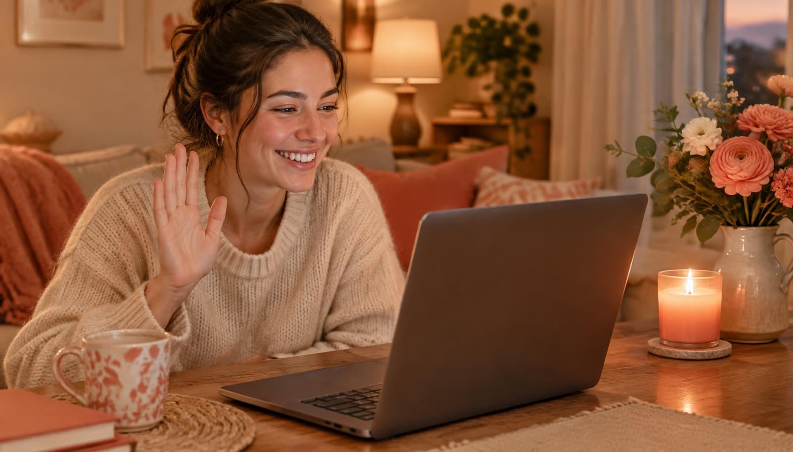 Woman waving on a video call with a lit candle and flowers on the table
