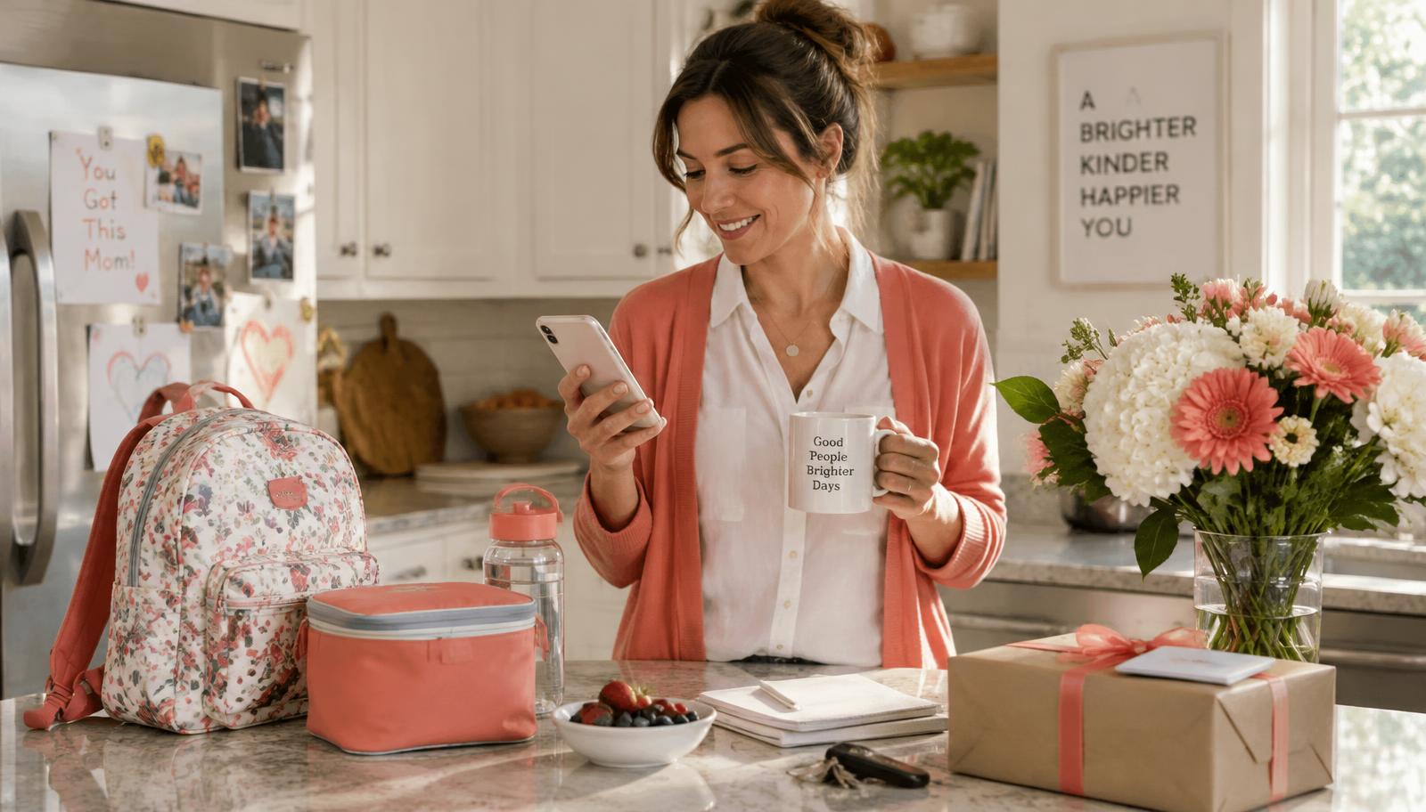 Busy mom in a sunny kitchen checking her phone beside a bouquet and wrapped gift