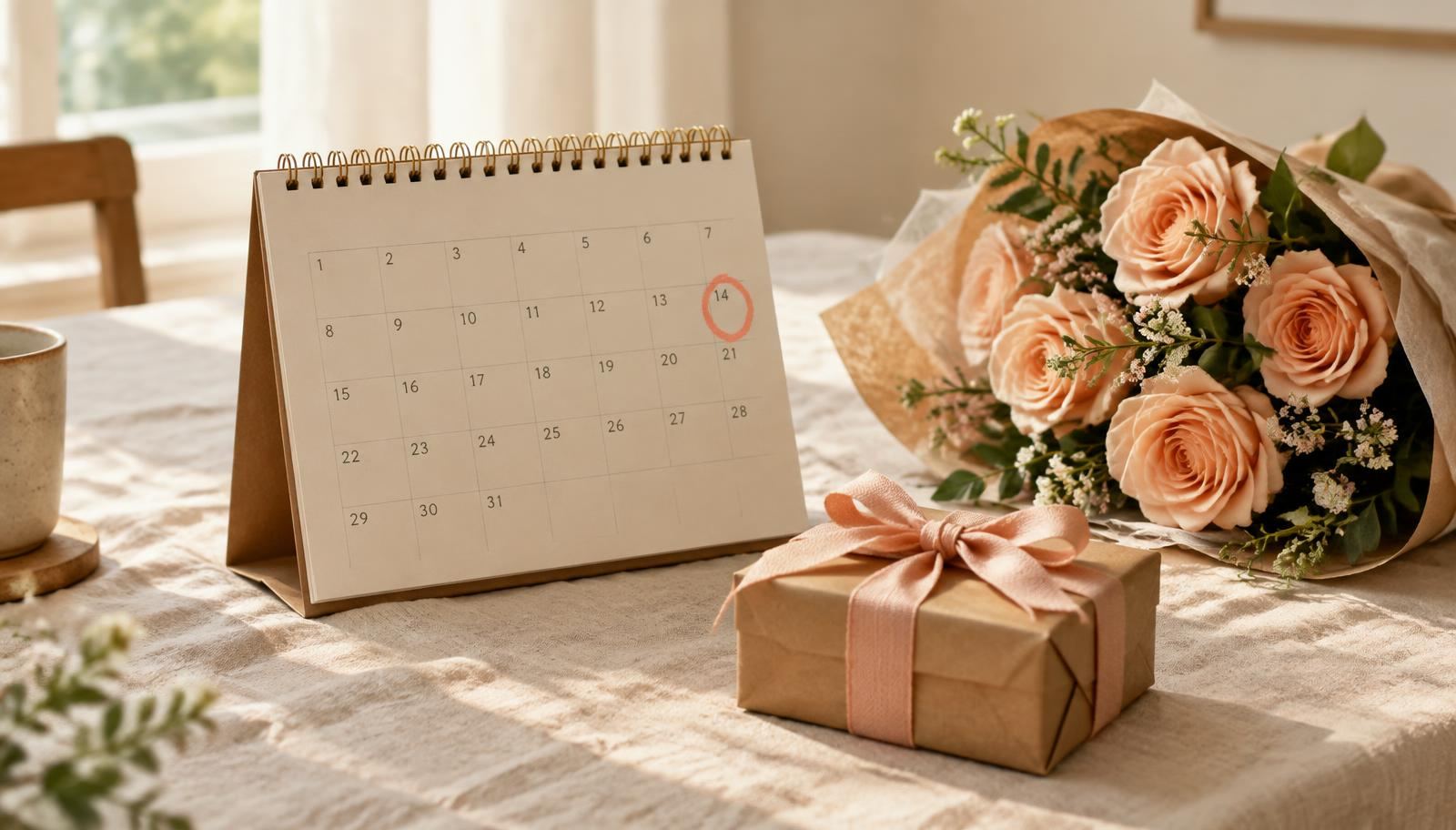 Desk calendar with a birthday circled in coral beside a wrapped gift and peach roses