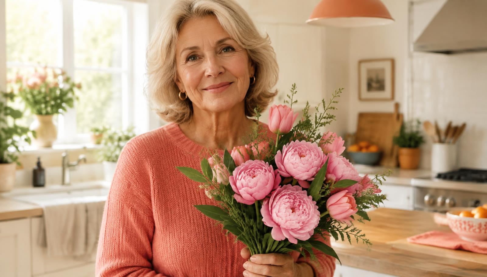 Mother holding a spring bouquet of pink peonies and tulips in her kitchen