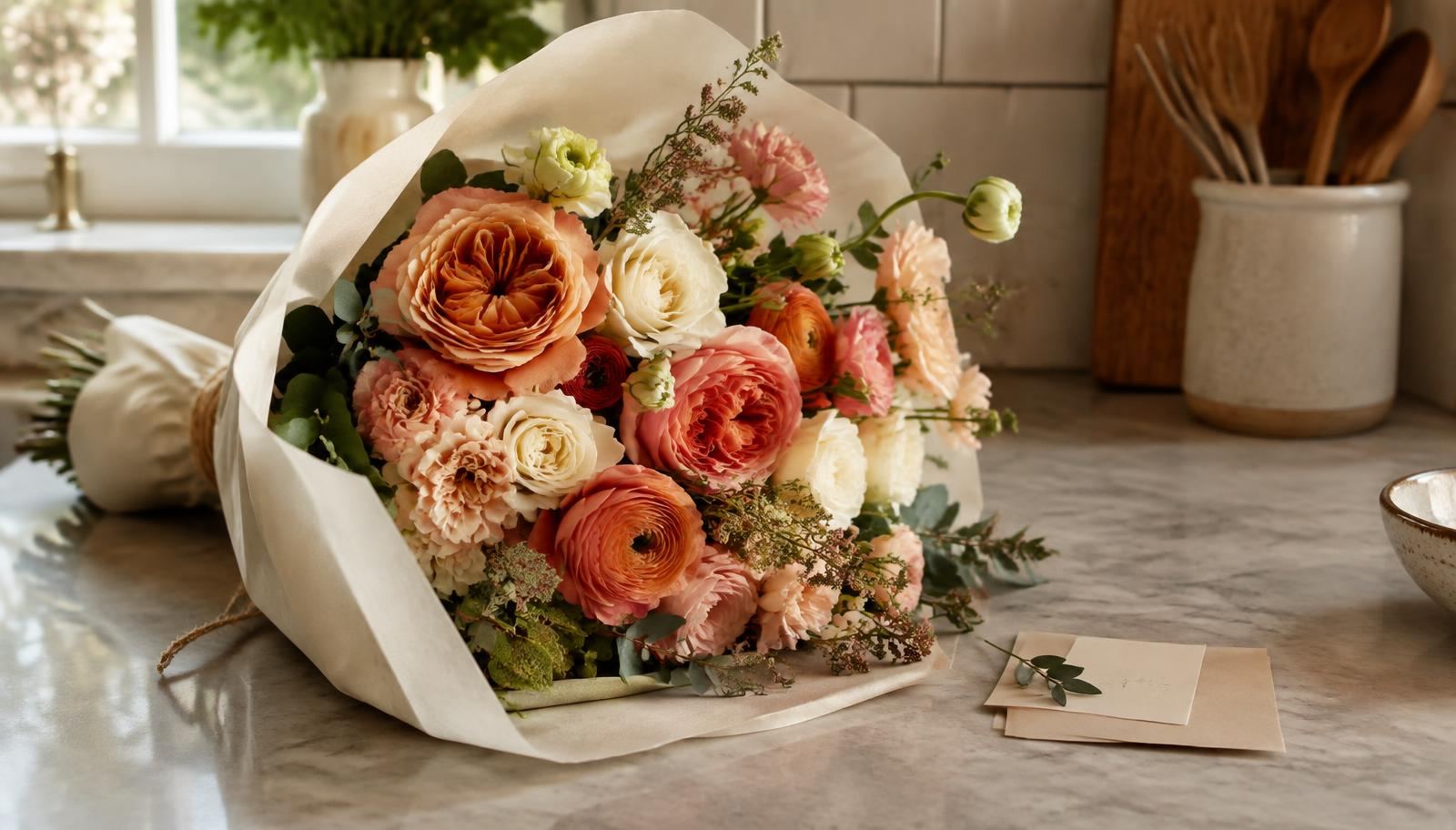 Hand-tied seasonal bouquet in cream paper beside a small handwritten card
