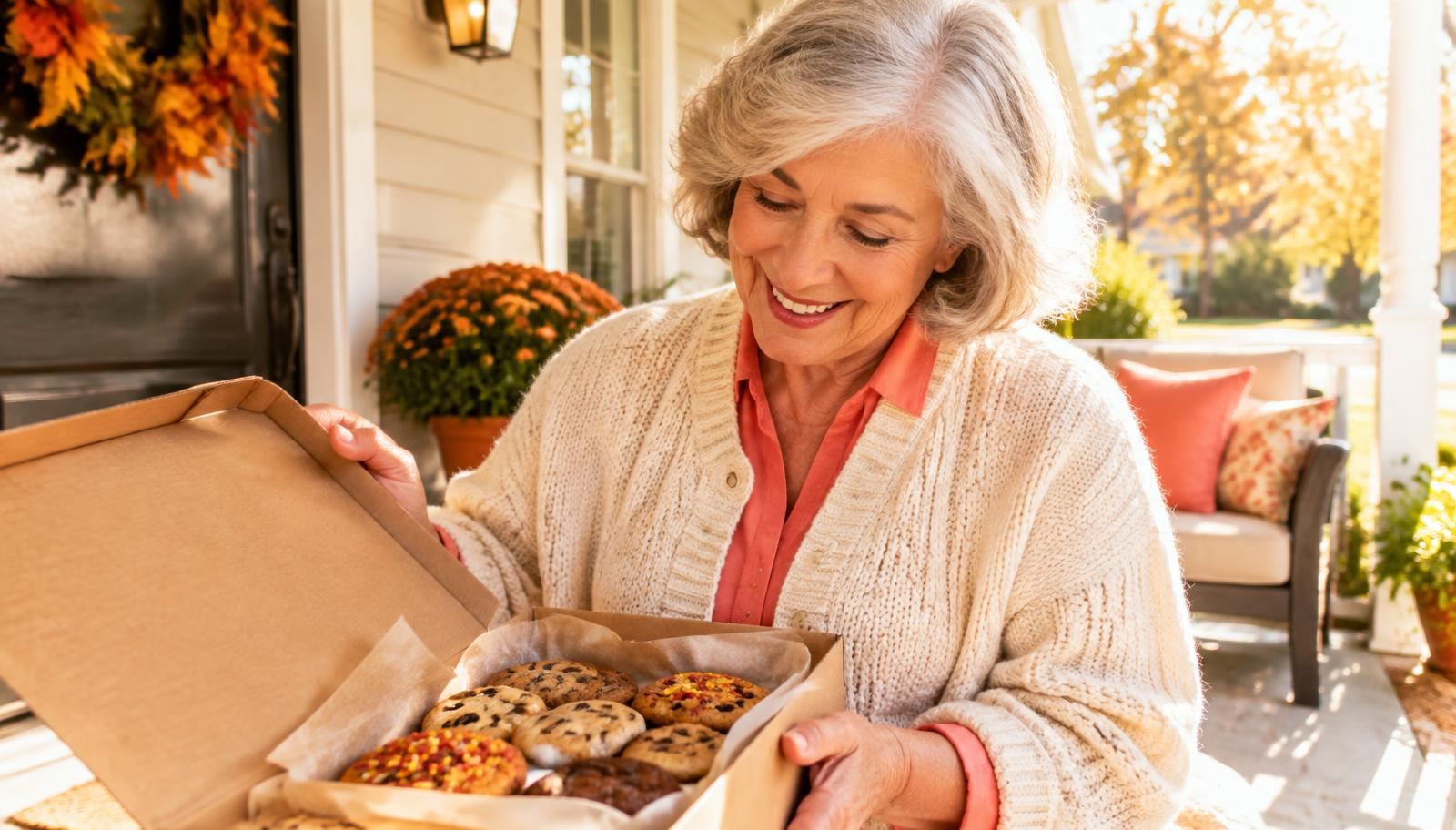 Smiling grandmother opening a delivered box of cookies on her porch